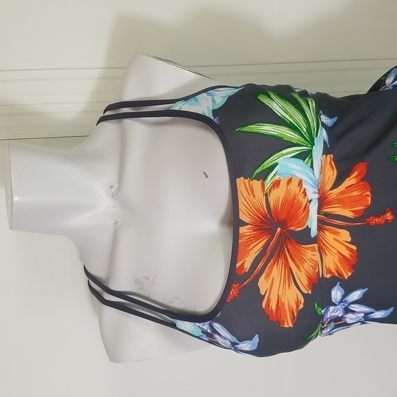 Kona Sol SZ Small Swim Top Grey Racerback Hibiscus Flowers & Palm Leaves - Picture 6 of 8